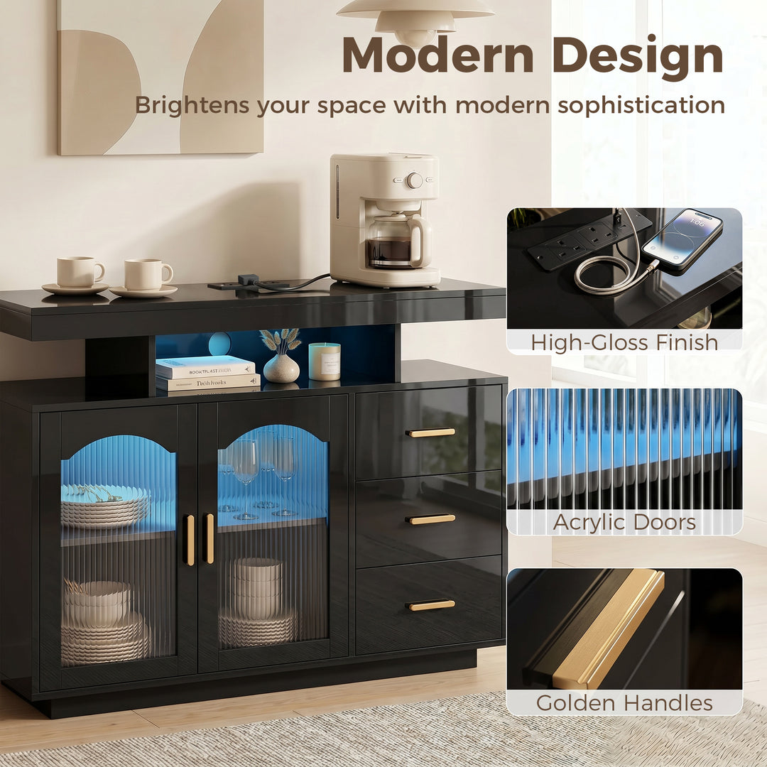 High Gloss Sideboard with LED Lights, Built-in Power Outlets, 3 Drawer