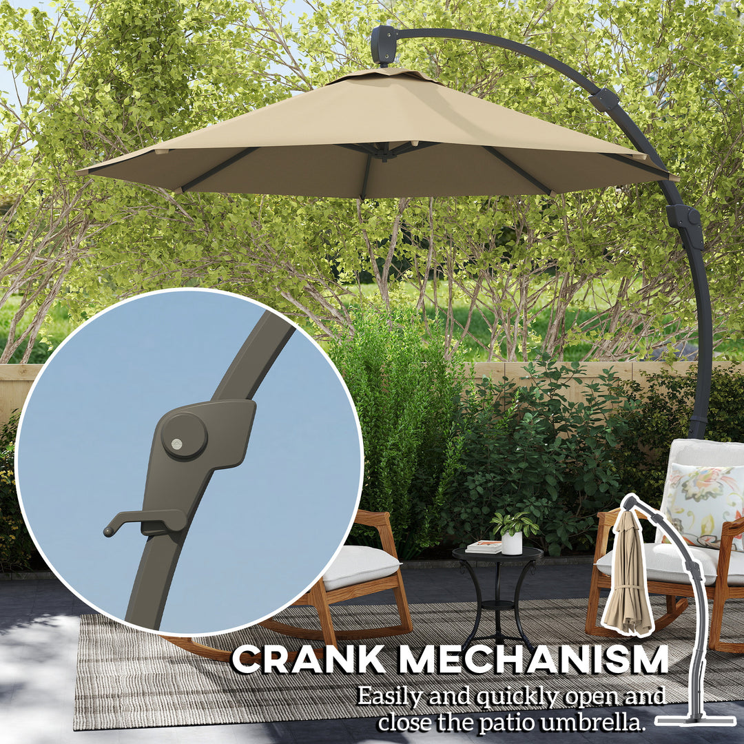 3(m) Garden Cantilever Parasol, Round Overhanging Umbrella with Crank Handle, Cross Base, Aluminium Frame and 360° Rotation, Banana Patio Umbrella for Outdoor Sun Shade, Khaki
