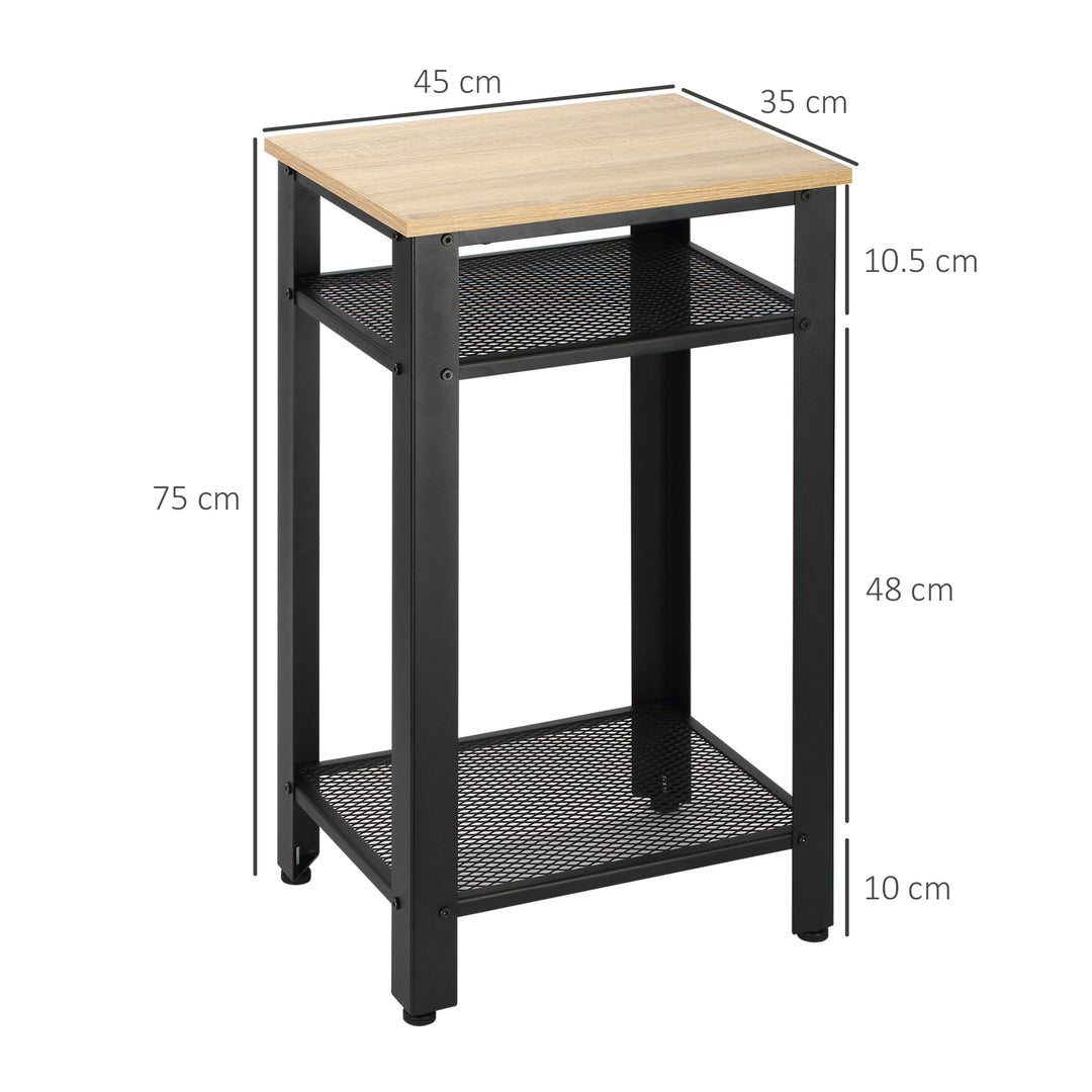 Tall Side Table Set of 2 with 3 Layer, 2 Shelves Storage Display Industrial-Style, Metal Frame, Bedside End Table for Living Room Bedroom, Oak and Black