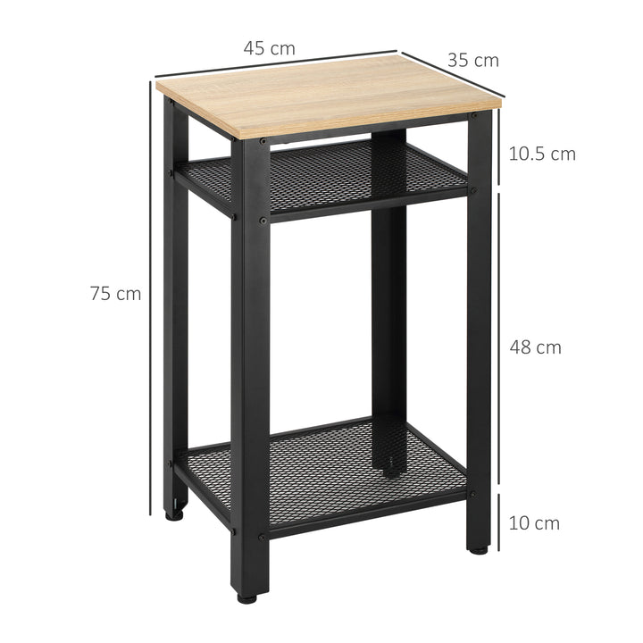Tall Side Table Set of 2 with 3 Layer, 2 Shelves Storage Display Industrial-Style, Metal Frame, Bedside End Table for Living Room Bedroom, Oak and Black