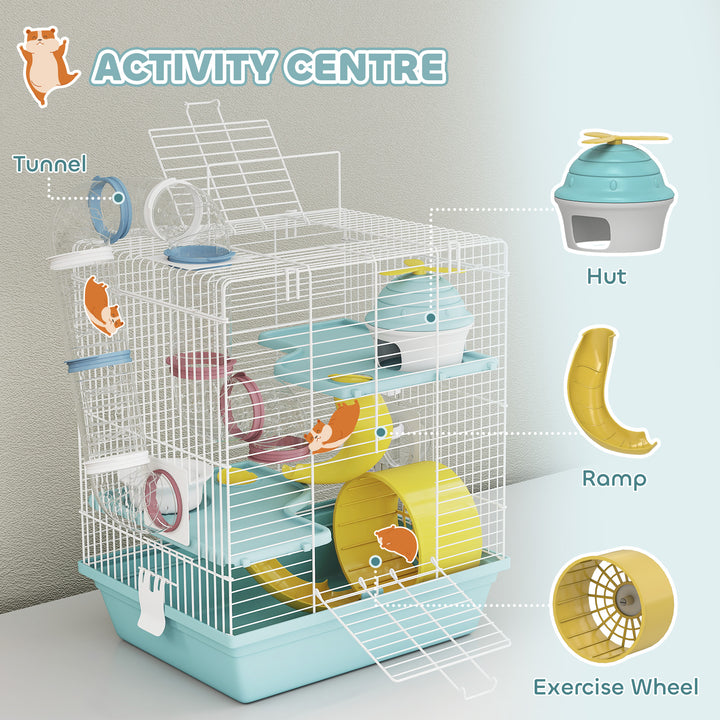 3-Level Hamster Cage with Exercise Wheel, Water Bottle, Food Bowl, for