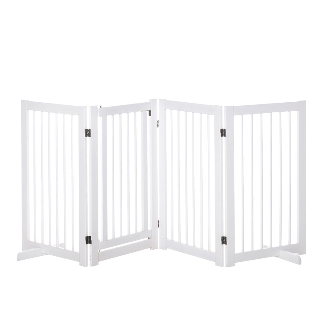 Freestanding Pet Gate 4 Panels Wooden Dog Safety Fence Foldable with Support Feet for Doorway Stairs 91cm Tall White