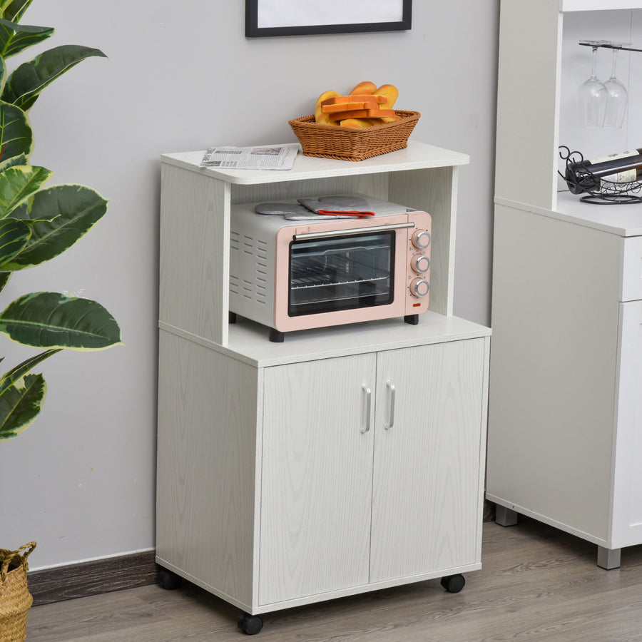Kitchen Storage Unit, Modern Microwave Stand Trolley Cart, Sideboard with Cabinet, Locking Wheels, Shelf for Living Room, Dining Room, White