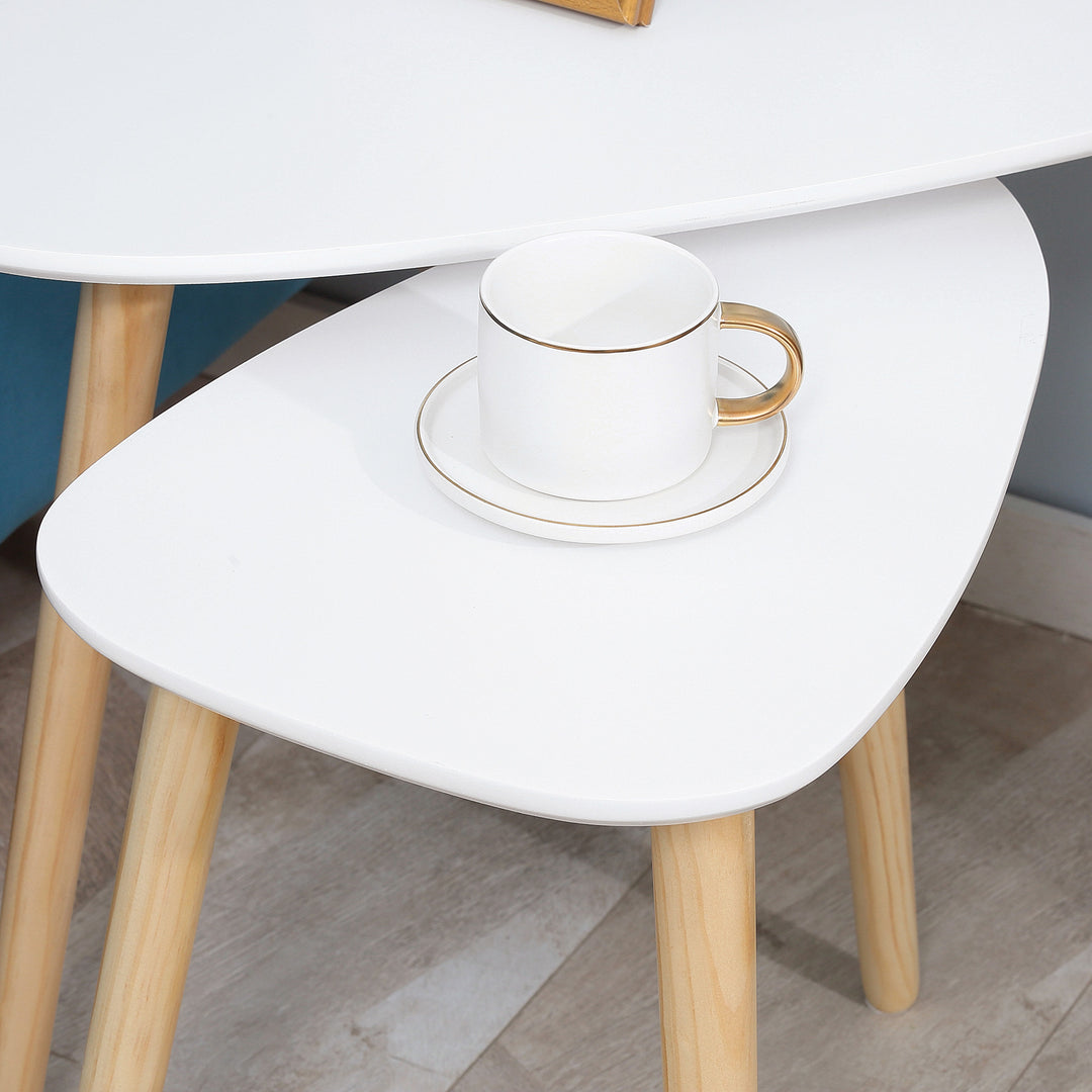 Nesting Coffee Table, Set of 2 Side Tables, Stacking End Tables with Solid Wood Legs, for Living Room Bedroom, White