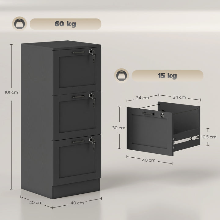 3-Drawer Filing Cabinet with Lock - Black