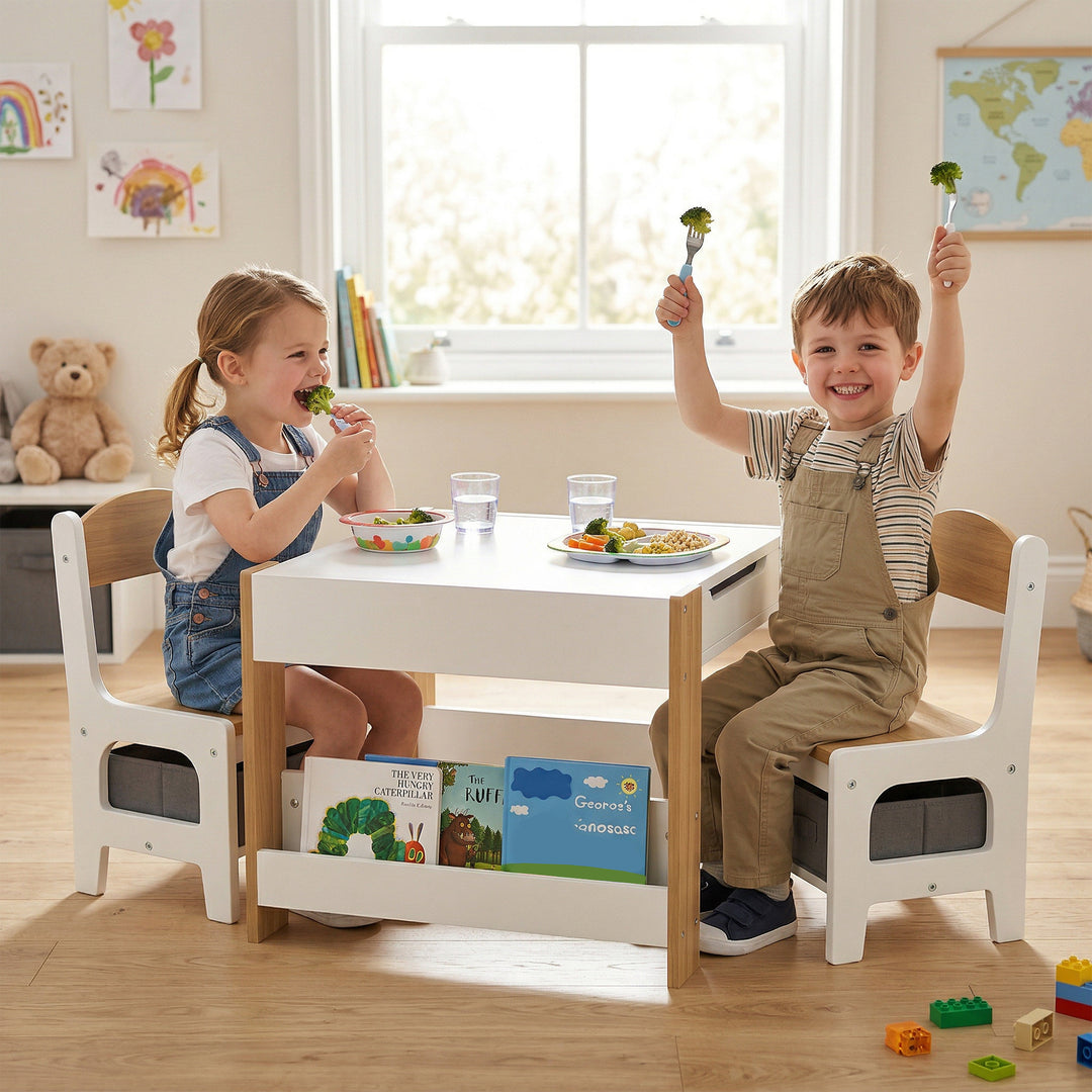 Three-Piece Kids Table and Chair Set with Blackboard, Storage, Bookshe