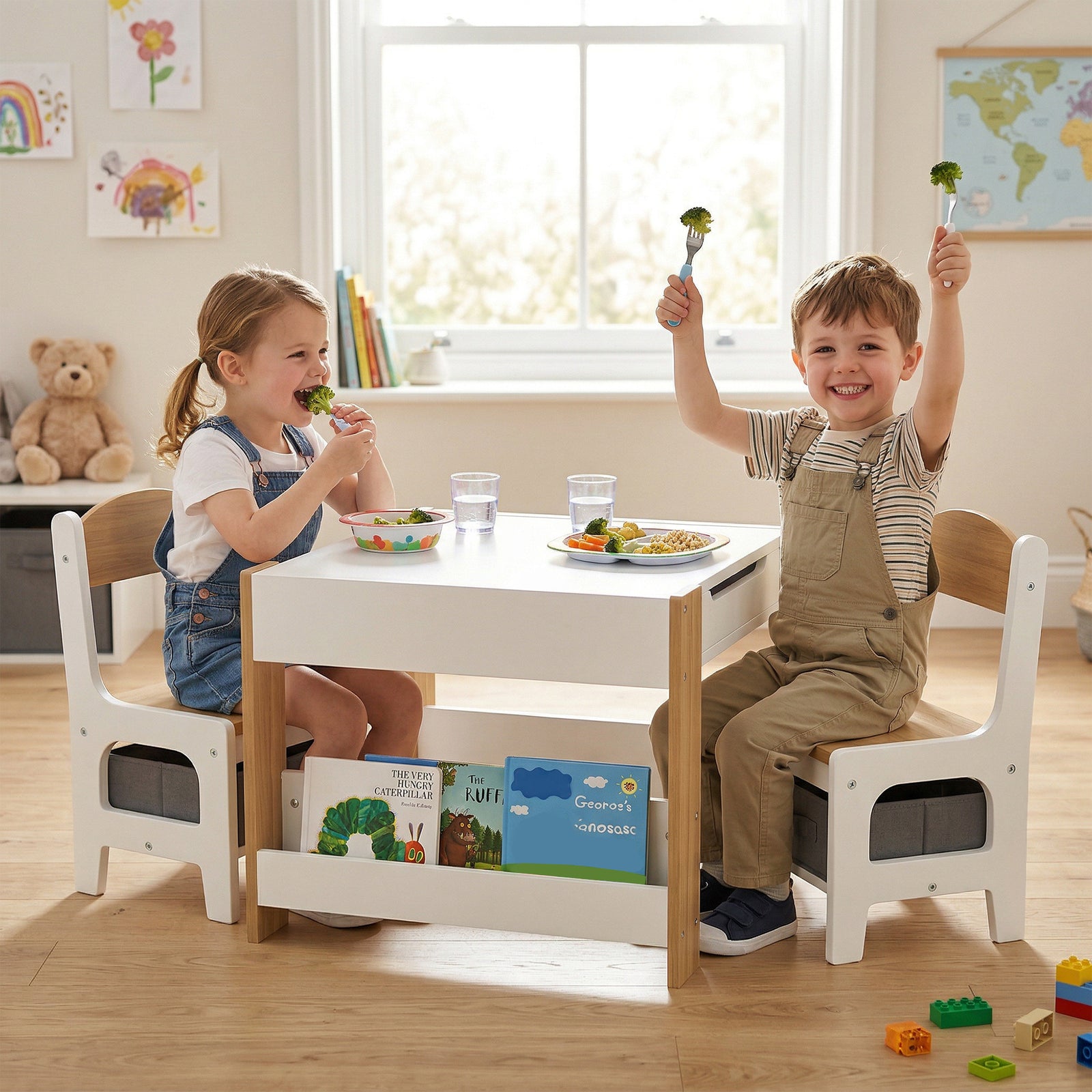 Three-Piece Kids Table and Chair Set with Blackboard, Storage, Bookshe