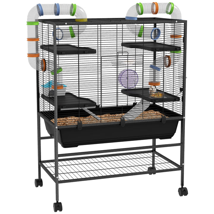 PawHut Large Hamster Cage Gerbil Cage with Tubes, Storage Shelf, Ramps, Platforms, Running Wheel - Black