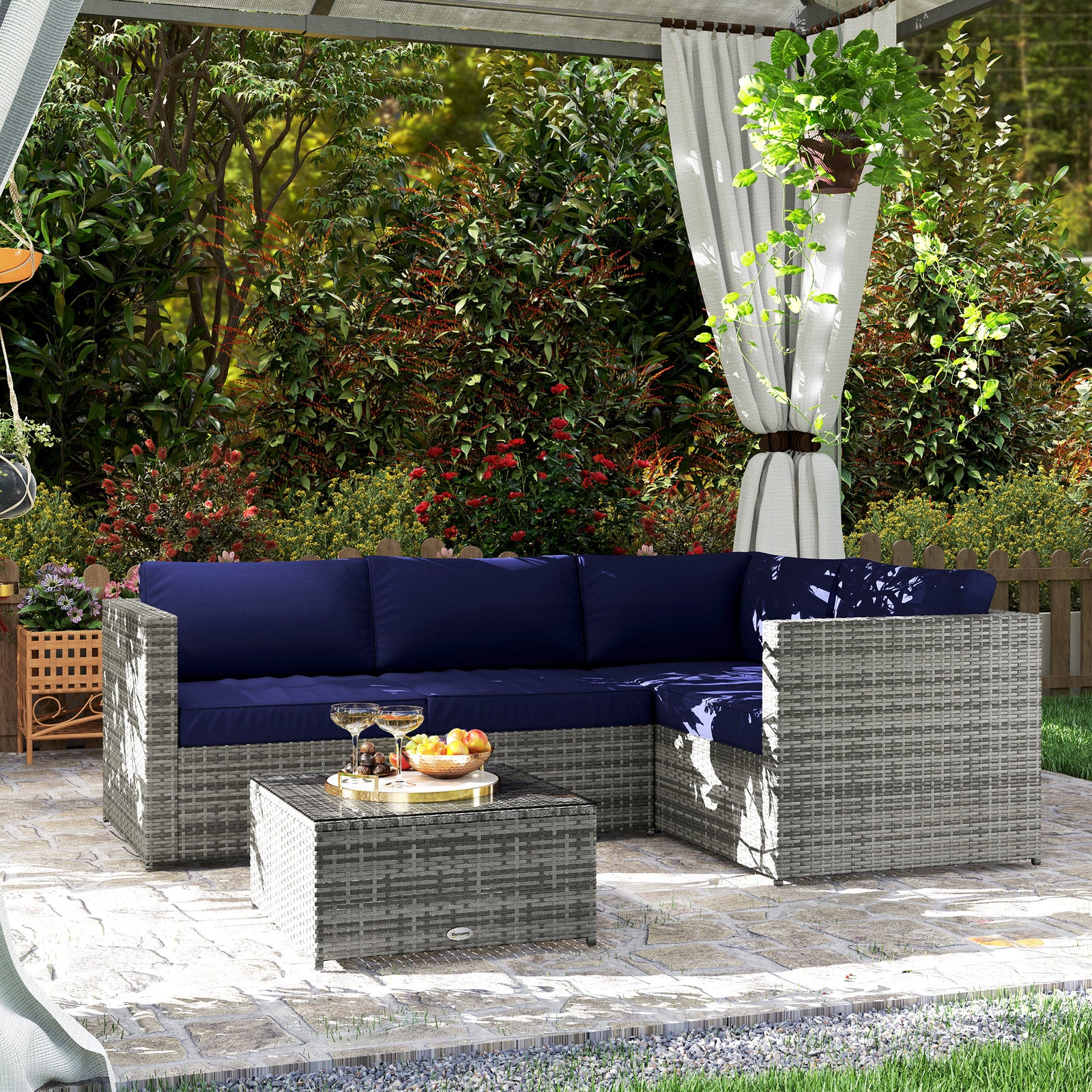 3 Pieces PE Rattan Garden Furniture Set with 10 cm Thick Cushions, 4 Seater Garden Corner Sofa Set with Glass Top Coffee Table, Outdoor Furniture for Patio, Porch, Blue