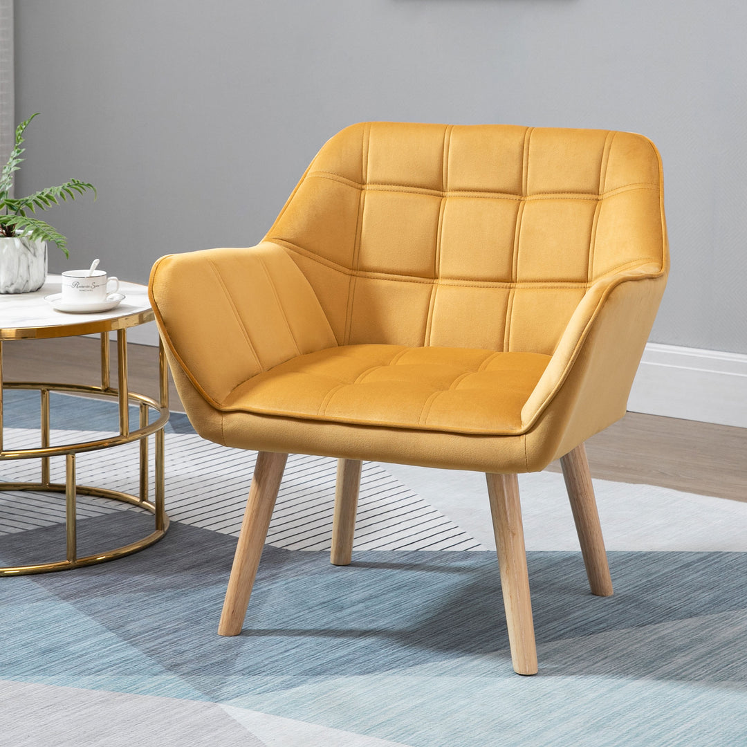 Armchair Accent Chair, Vanity Chair with Wide Arms, Slanted Back, Padding, Metal Frame, Wooden Legs, Home Bedroom Furniture Seating, Set of 2, Yellow