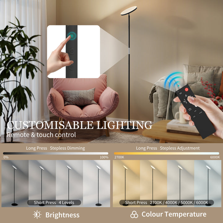 RGB Uplighter Floor Lamp, Tall Dimmable Standing Lamp with Remote &amp; Touch Control, 350° Rotatable Head for Living Room Bedroom, 2700K-6000K Colour Temperatures