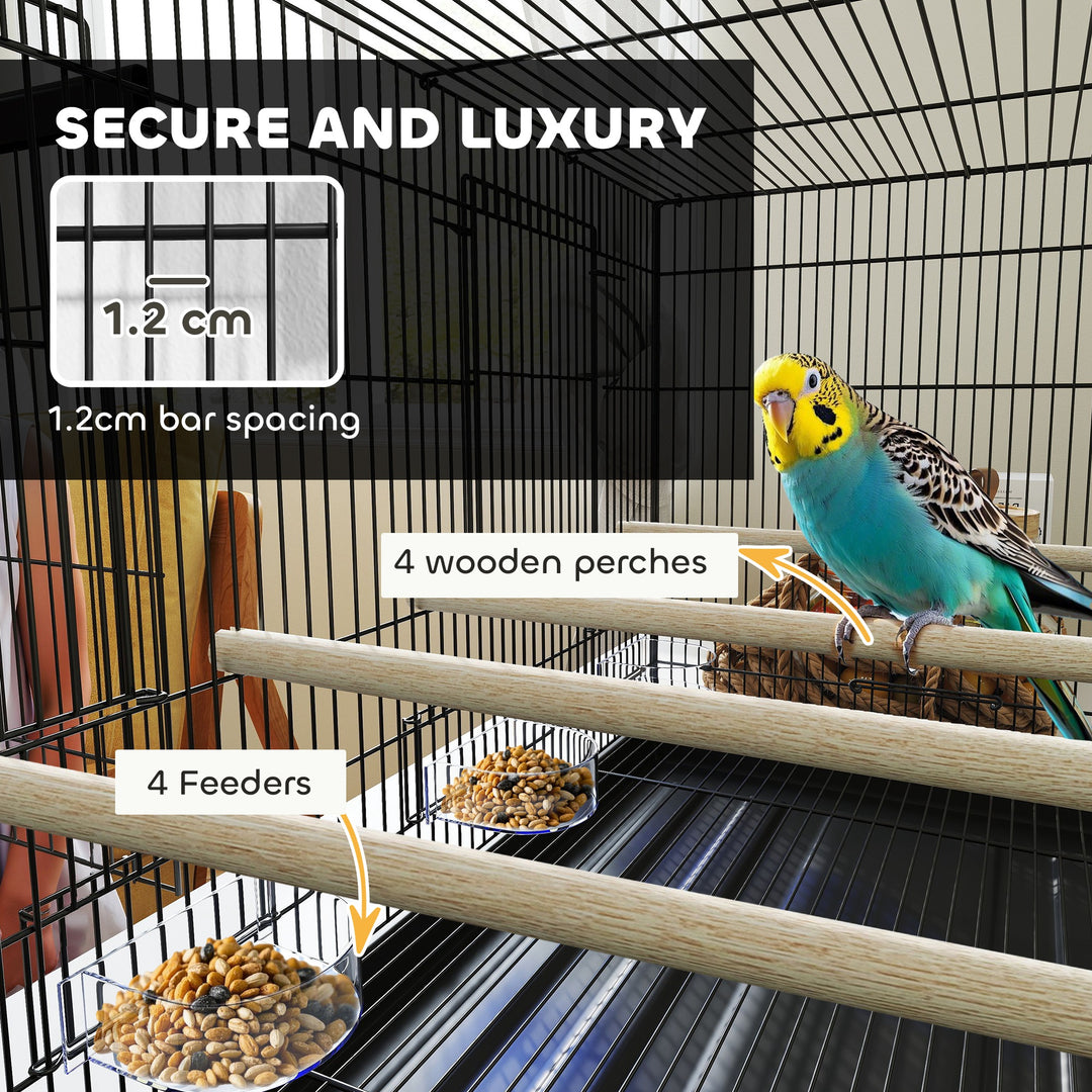 Bird Cage with Divider, 4 Wooden Perches, Slide Out Tray, 4 Feeders, for Budgie, Lovebird, Canary, 76 x 46 x 46cm, Black