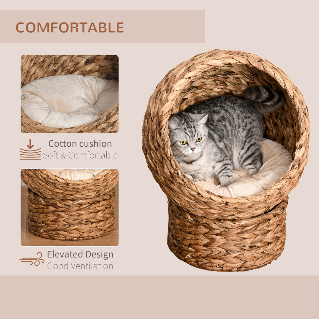 PawHut Wicker Cat Bed, Raised Rattan Cat Basket with Cylindrical Base, Soft Washable Cushion, Brown, 42 x 33 x 52 cm | Aosom UK