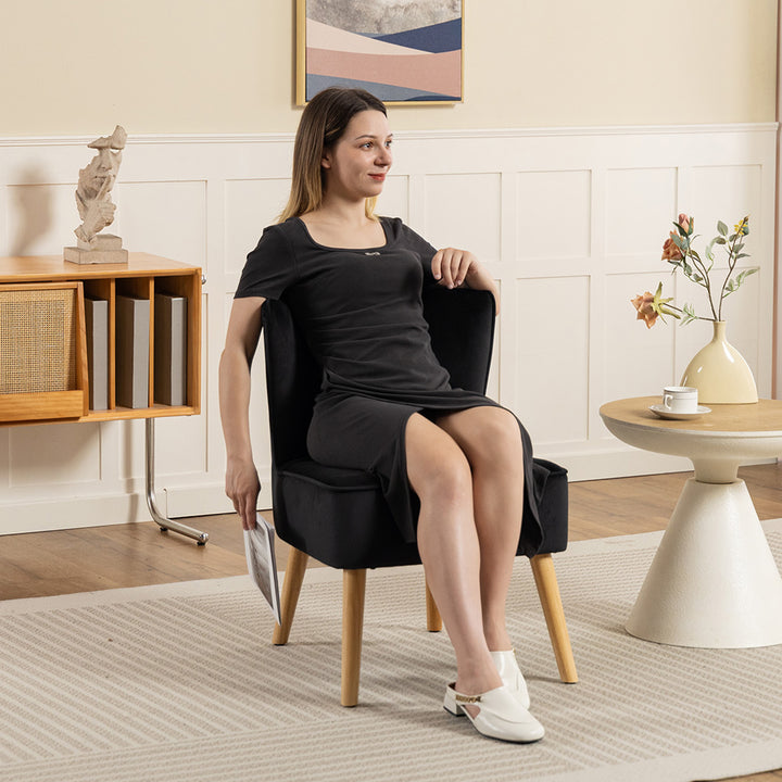 Modern Accent Chair, Fabric Living Room Chair with Rubber Wood Legs and Thick Padding, Black