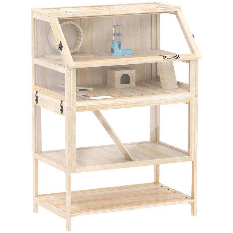 Wooden Hamster Cage with Detachable Lower Floor, Storage Shelf, Hut, Seesaw, Exercise Wheel, Ramps for Hamster