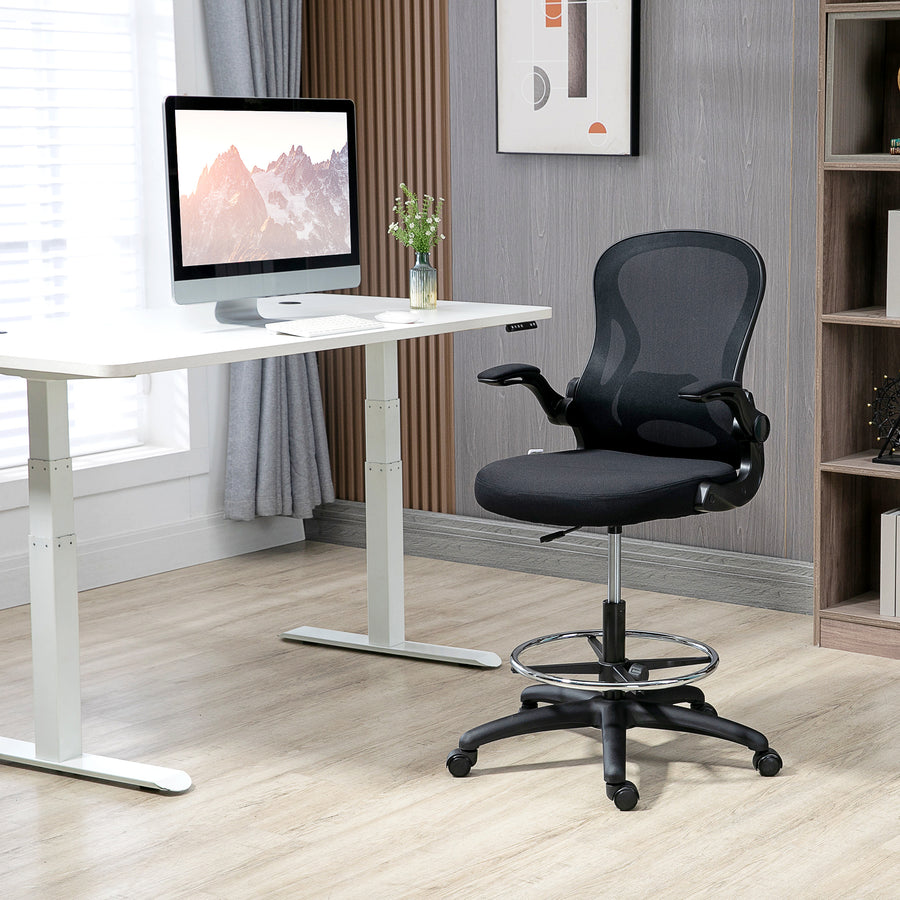 Adjustable Mesh Standing Desk Chair with Flip-up Armrests Lumbar Support Armrests Adjustable Footrest Ring Black
