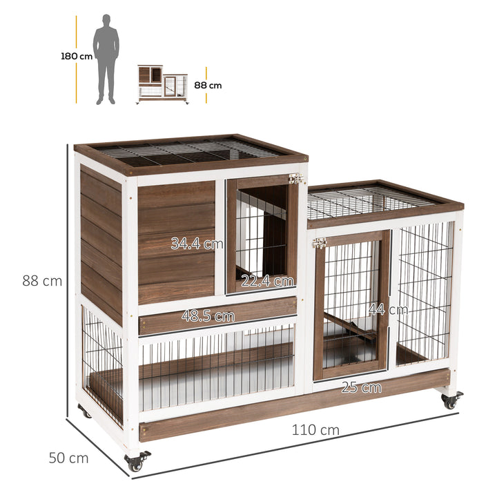 Two-Tier Rabbit Hutch Pet Cage, with Wheels - Brown