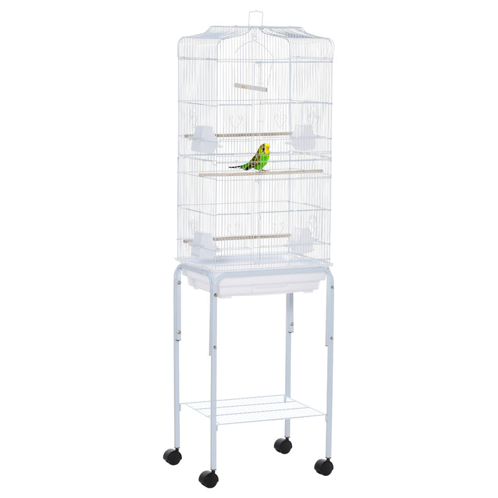 PawHut Metal Parrot Cage: Spacious Abode with Breeding Stand & Wheels, Snow White | Aosom UK