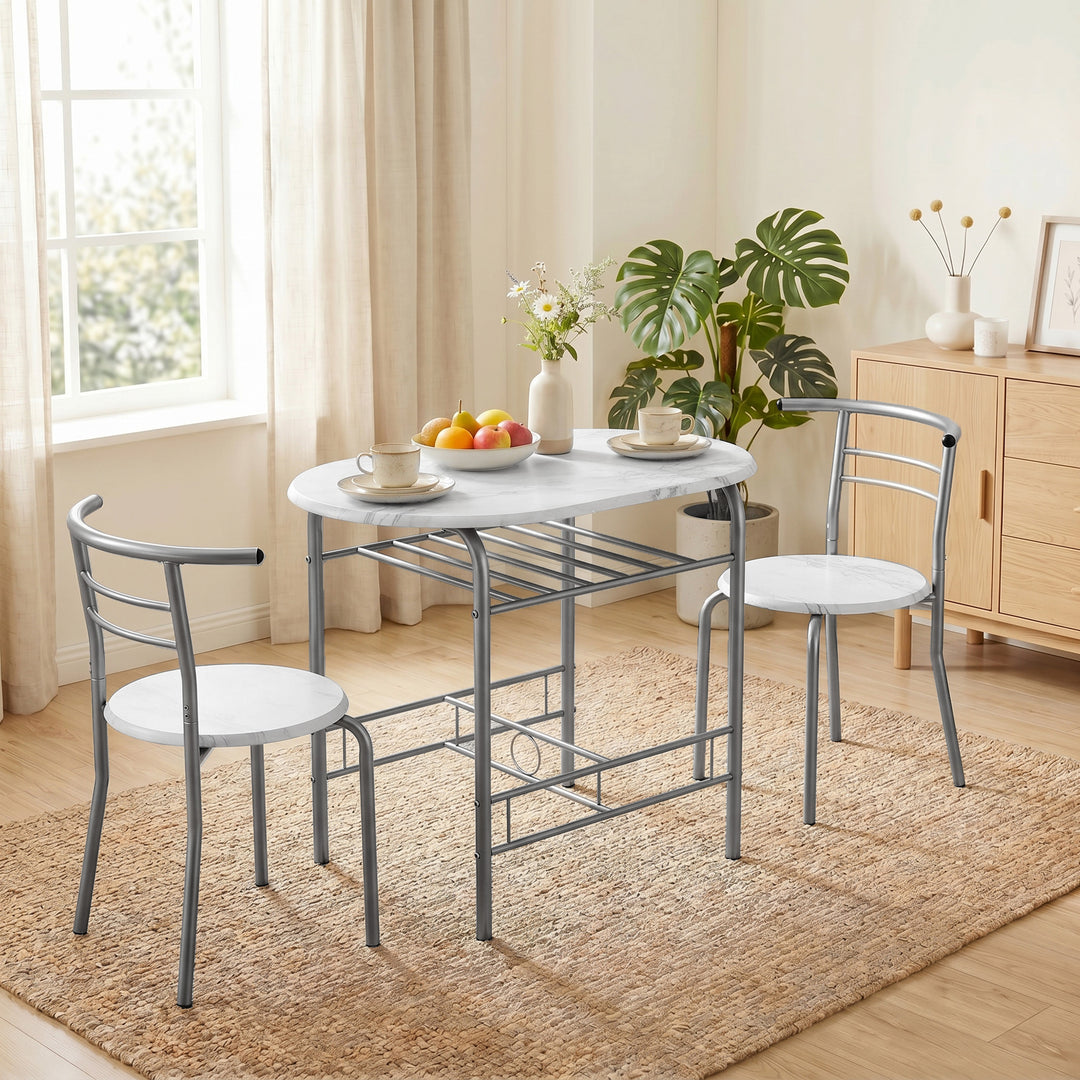 Three-Piece Compact Dining Set - White Marble Effect