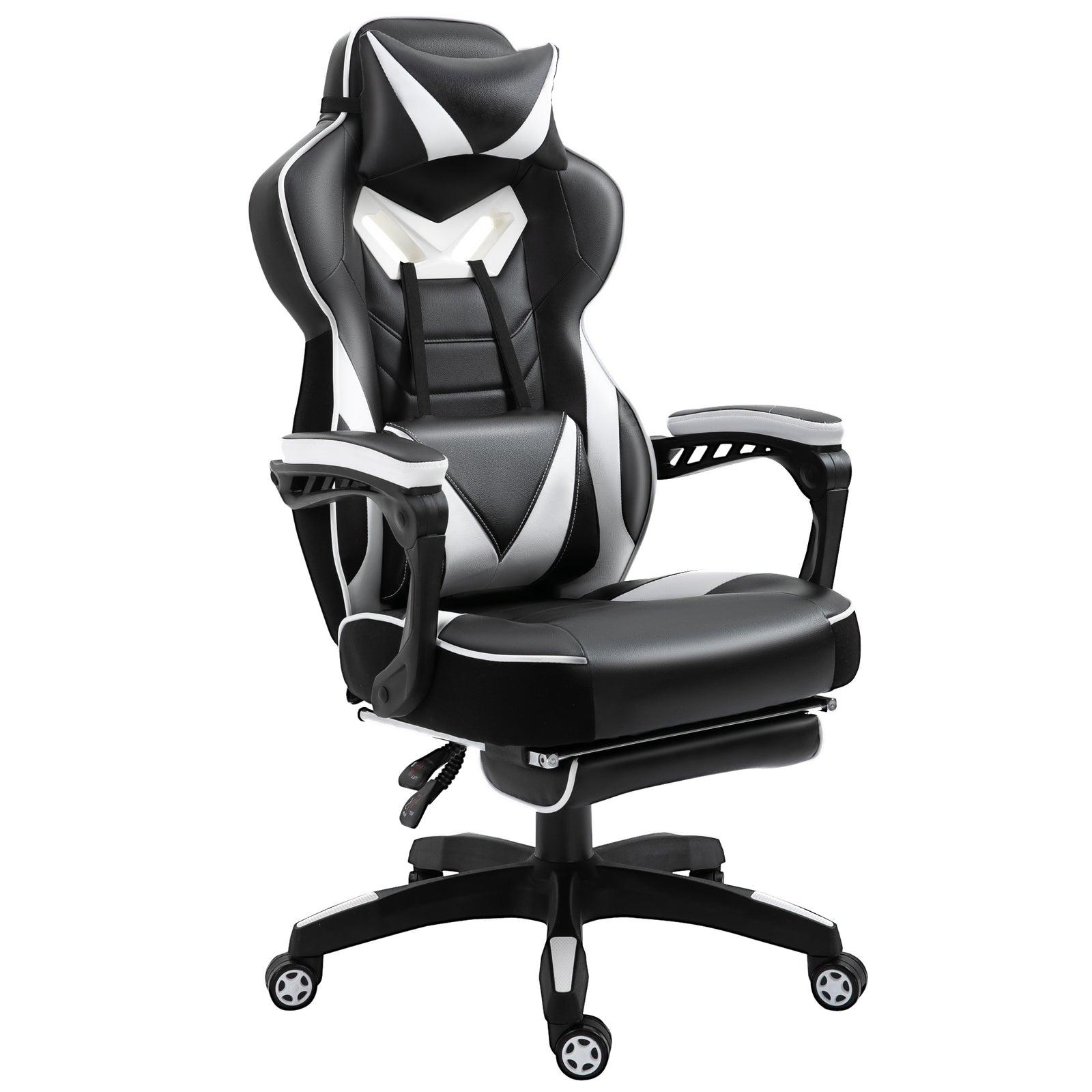Computer Gaming Chair, Racing Desk Chair with Lumbar Support and Footrest, PU Leather Gamer Chair with Headrest and Swivel Wheels for Home, White