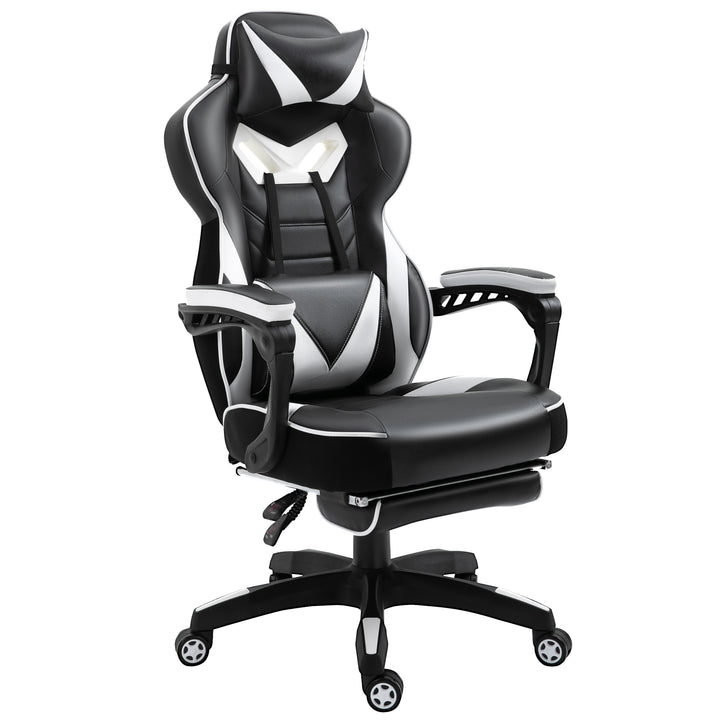 Computer Gaming Chair, Racing Desk Chair with Lumbar Support and Footrest, PU Leather Gamer Chair with Headrest and Swivel Wheels for Home, White