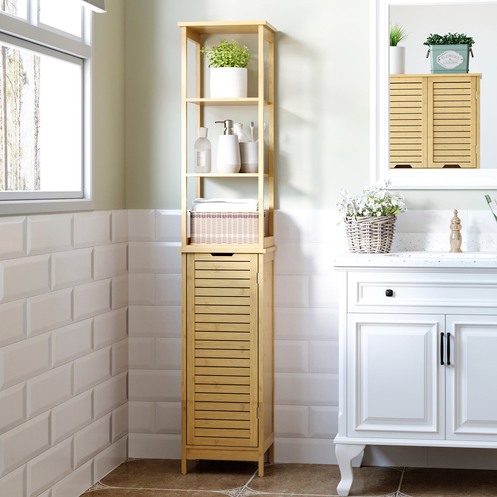 Tall Bathroom Cabinet, Slim Storage Cabinet, Tallboy Bamboo Storage Unit with 3-Tier Storage Shelves and Freestanding Organiser, Natural
