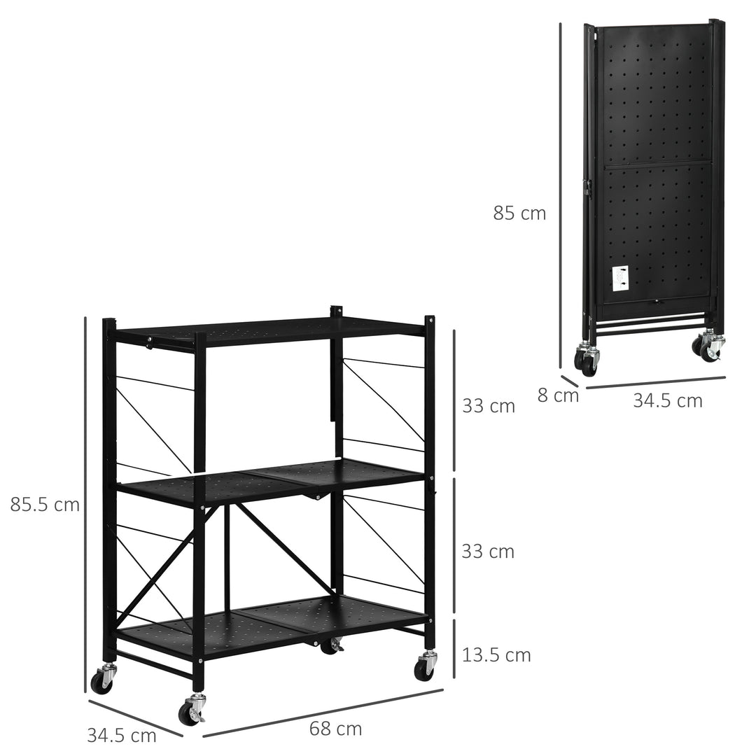 HOMCOM Wheeled Utility Trolley: Foldable 3-Tier Cart for Kitchen, Living Room & Bathroom Storage, Ebony Black | Aosom UK