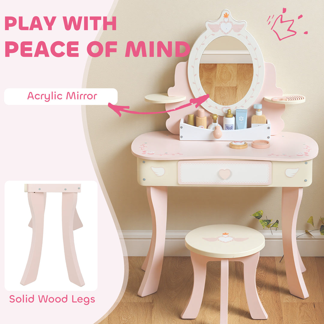 MCL Kids Dressing Table, Girls Vanity Set with Mirror and Stool, 7 Play Accessories, Drawer, Desktop Storage, Pink