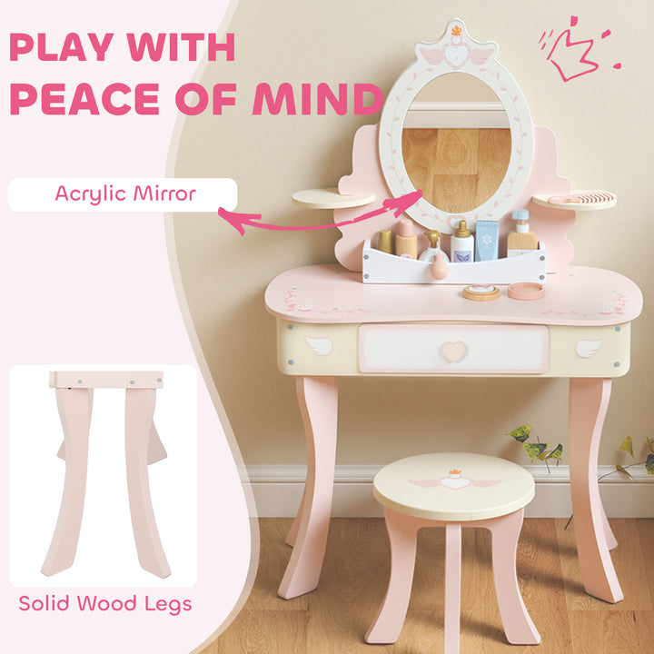 MCL Kids Dressing Table, Girls Vanity Set with Mirror and Stool, 7 Play Accessories, Drawer, Desktop Storage, Pink
