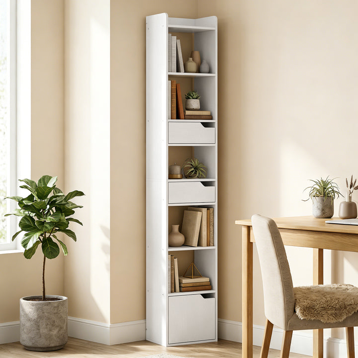 Bookcase Tall Narrow with 5 Tiers and Drawers Freestanding Bookshelf S