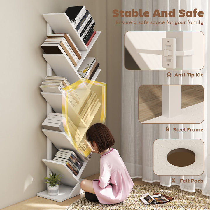 9-Tier Tree Bookshelf, Industrial Free Standing Bookcase with Steel Fr