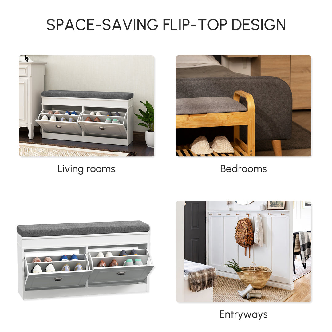 Shoe Storage Bench with Flip Drawers, Shoe Cabinet with Seat Cushion and Adjustable Shelf for Hallway, Entryway, Living Room, Bedroom, White
