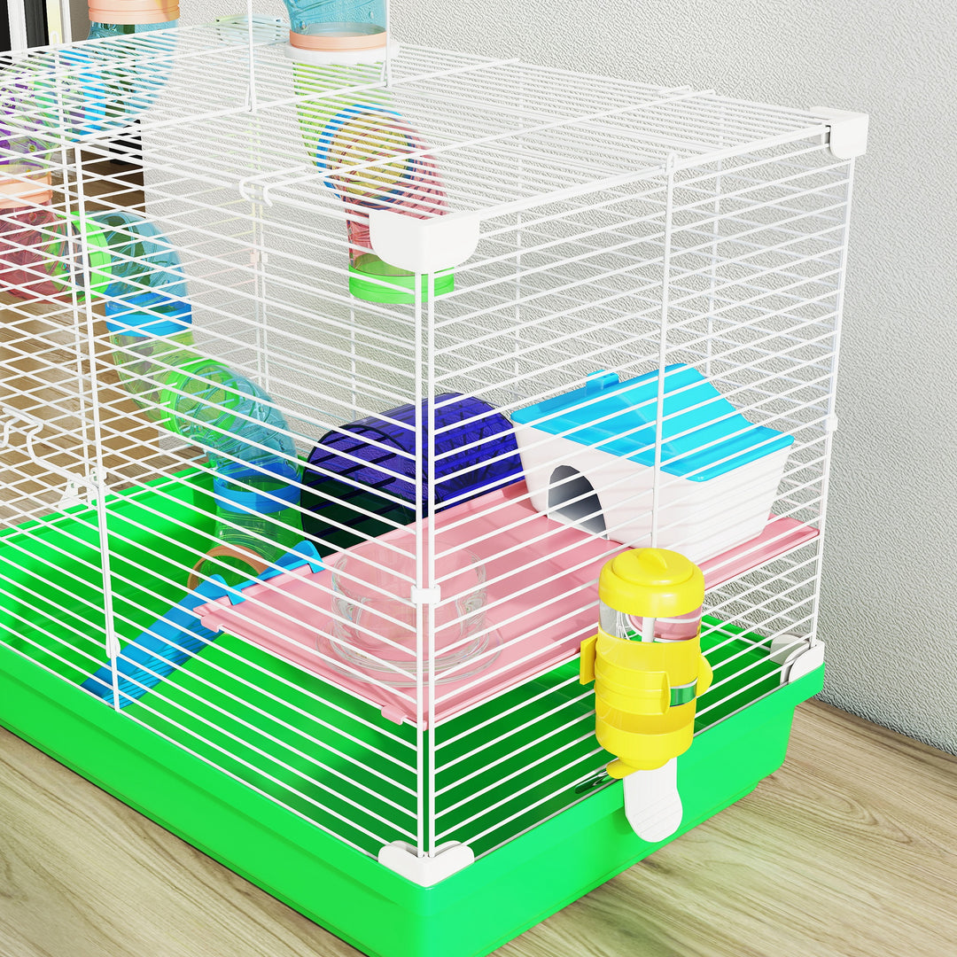 2 Tier Hamster Cage, Gerbil Cage with Handle, Exercise Wheels, Tunnel,