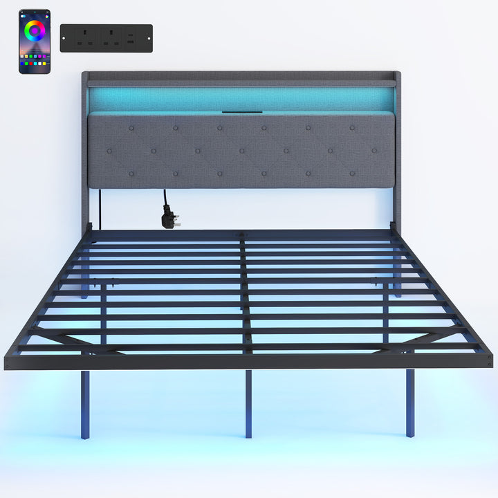 Floating Bed Frame, Upholstered 4ft6 Double Size Bed, Platform Bed wit