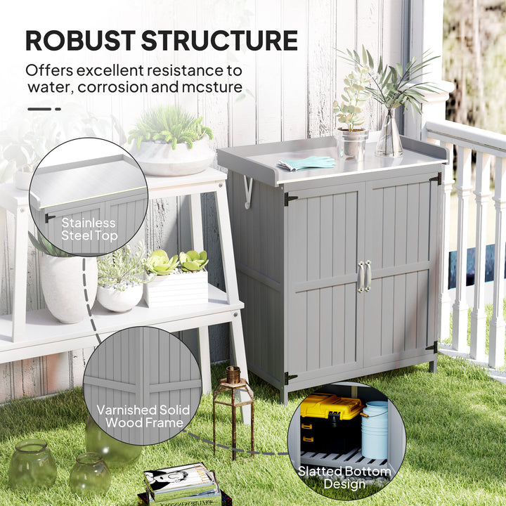 Wooden Garden Shed, Garden Tool Storage Shed with Hinged Roof and Shelf, Outdoor Storage Cabinet with Double Doors, Grey