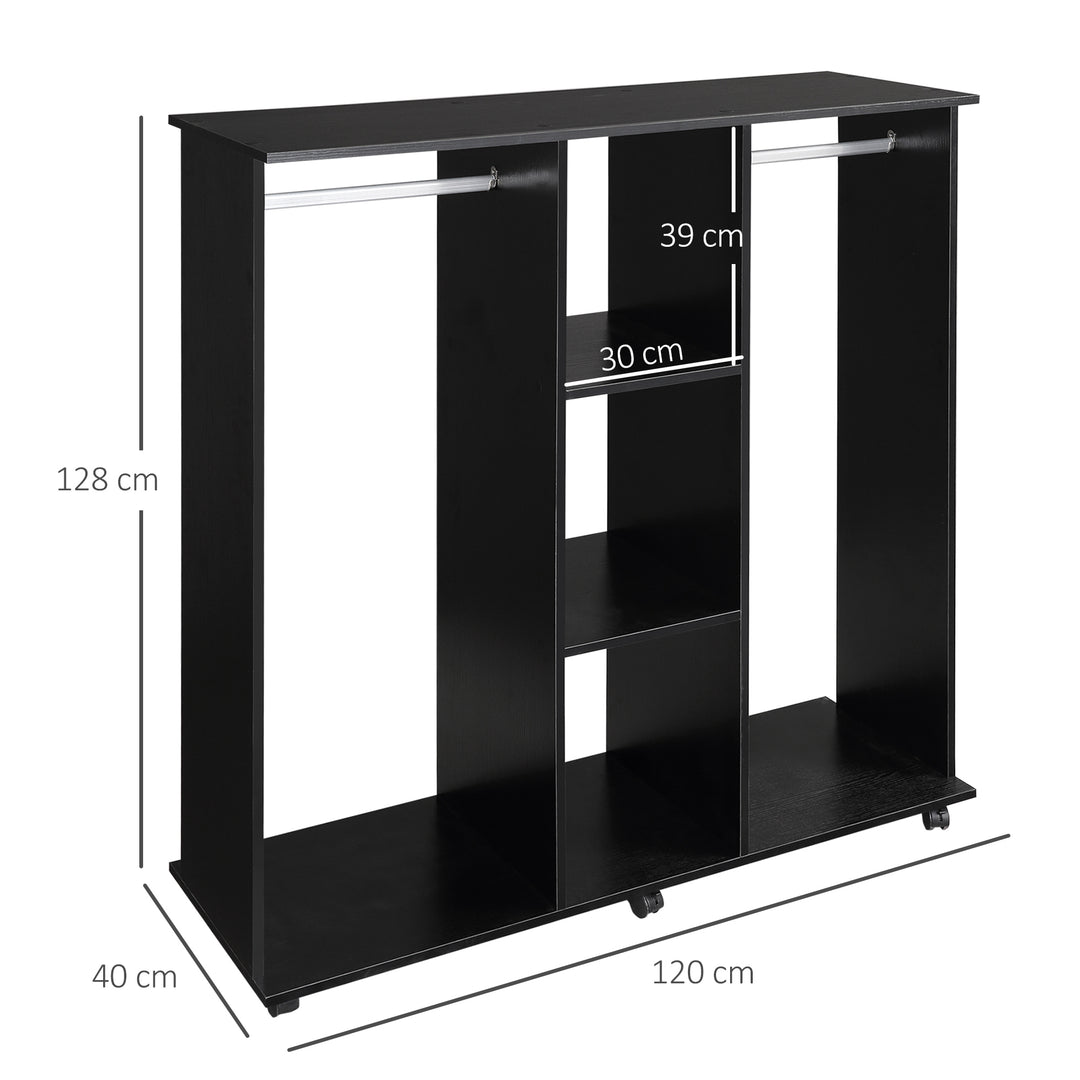 HOMCOM Double Mobile Open Wardrobe With Clothes Hanging Rails Storage Shelves Organizer Bedroom Furniture - Black | Aosom UK