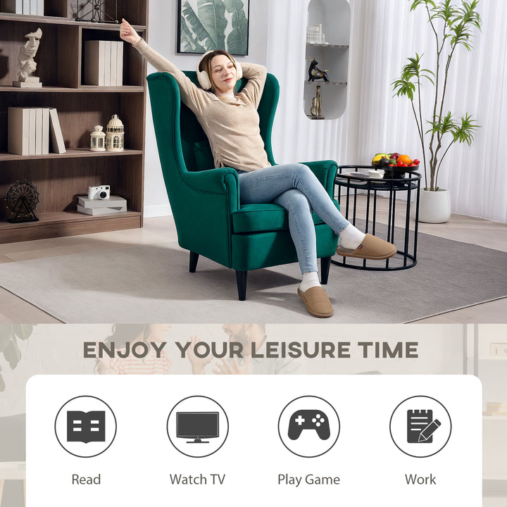 Modern Accent Chair, Upholstered Wingback Armchair with High Backrest and Pillow, Velvet-Feel Fabric Reading Chair with Solid Wood Legs for Living Room, Bedroom, Home Office, Dark Green