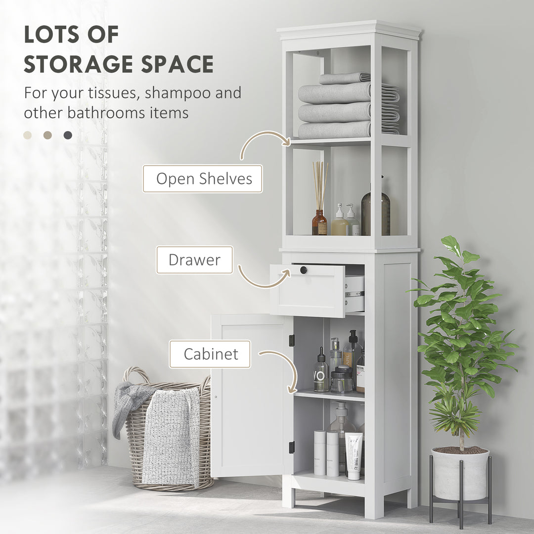 Tall Bathroom Cabinet, Slim Bathroom Storage Cabinet with 2 Open Shelves, Soft Close Door and Drawer, Adjustable Shelf, Narrow Cupboard Storage Unit, White
