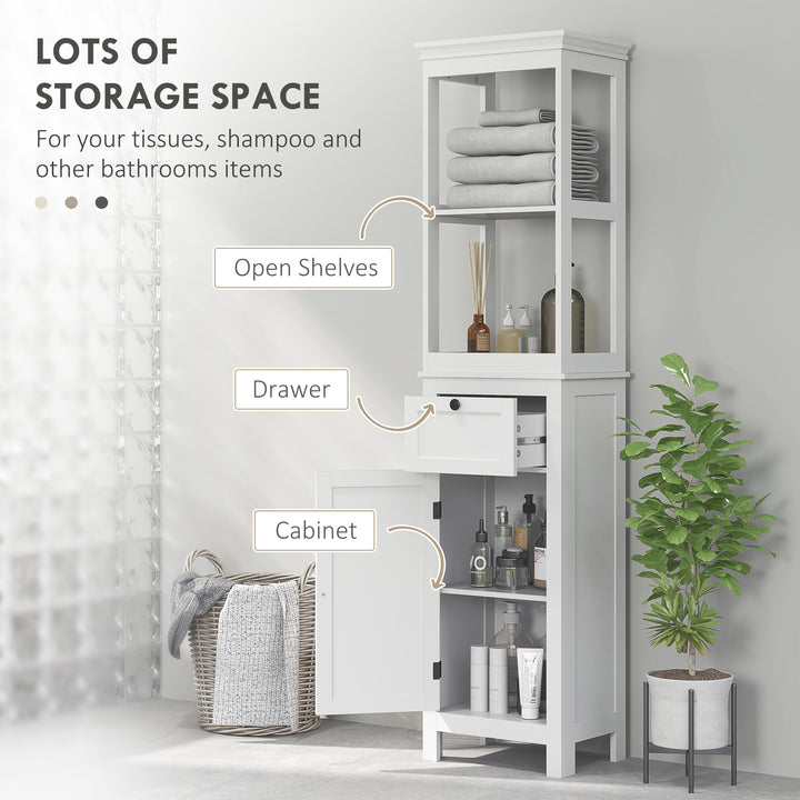 Tall Bathroom Cabinet, Slim Bathroom Storage Cabinet with 2 Open Shelves, Soft Close Door and Drawer, Adjustable Shelf, Narrow Cupboard Storage Unit, White
