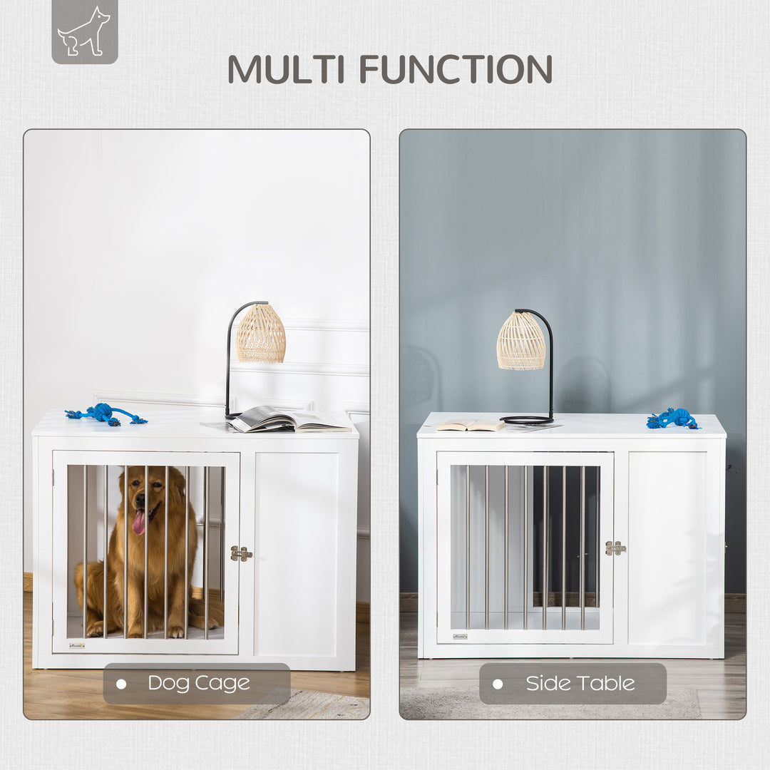 2-in-1 Dog Cage and Side Table, with Two Lockable Doors, for Medium Large Dogs - White
