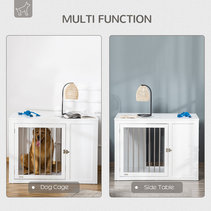 2-in-1 Dog Cage and Side Table, with Two Lockable Doors, for Medium Large Dogs - White