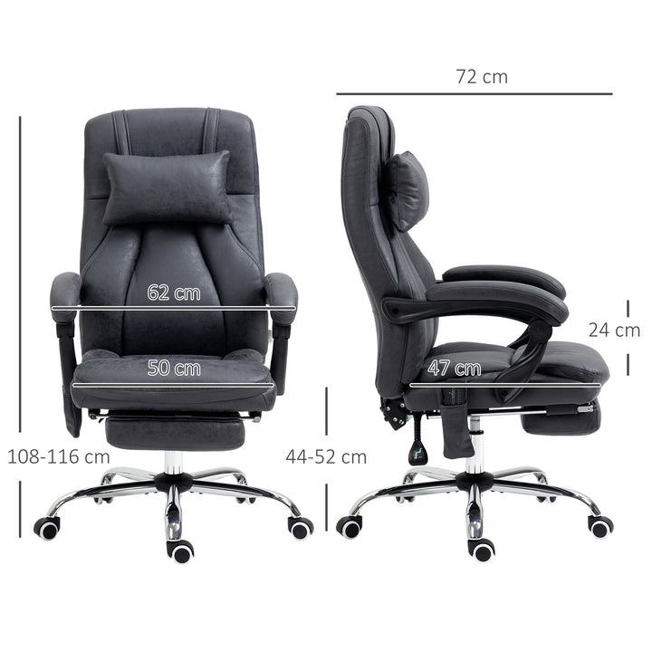Office Chair with Lumbar Massage, 135° Reclining Computer Chair with Adjustable Headrest, Retractable Footrest, 10cm Double Padded Seat, Microfiber Fabric, Metal Base, Dark Grey