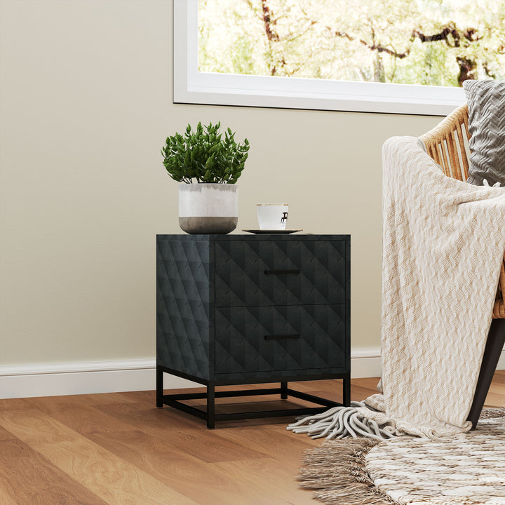 Bedside Tables Set of 2, Modern Bedside Table Nightstand with 2 Drawers, Bedside Cabinet Sofa Side Table with Storage, Steel Legs for Bedroom, Living Room, Black