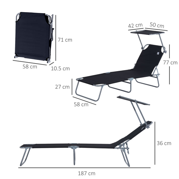 Outdoor Foldable Sun Lounger, 4 Level Adjustable Backrest Reclining Sun Lounger Chair with Angle Adjust Sun Shade Awning for Beach, Garden, Patio, Black