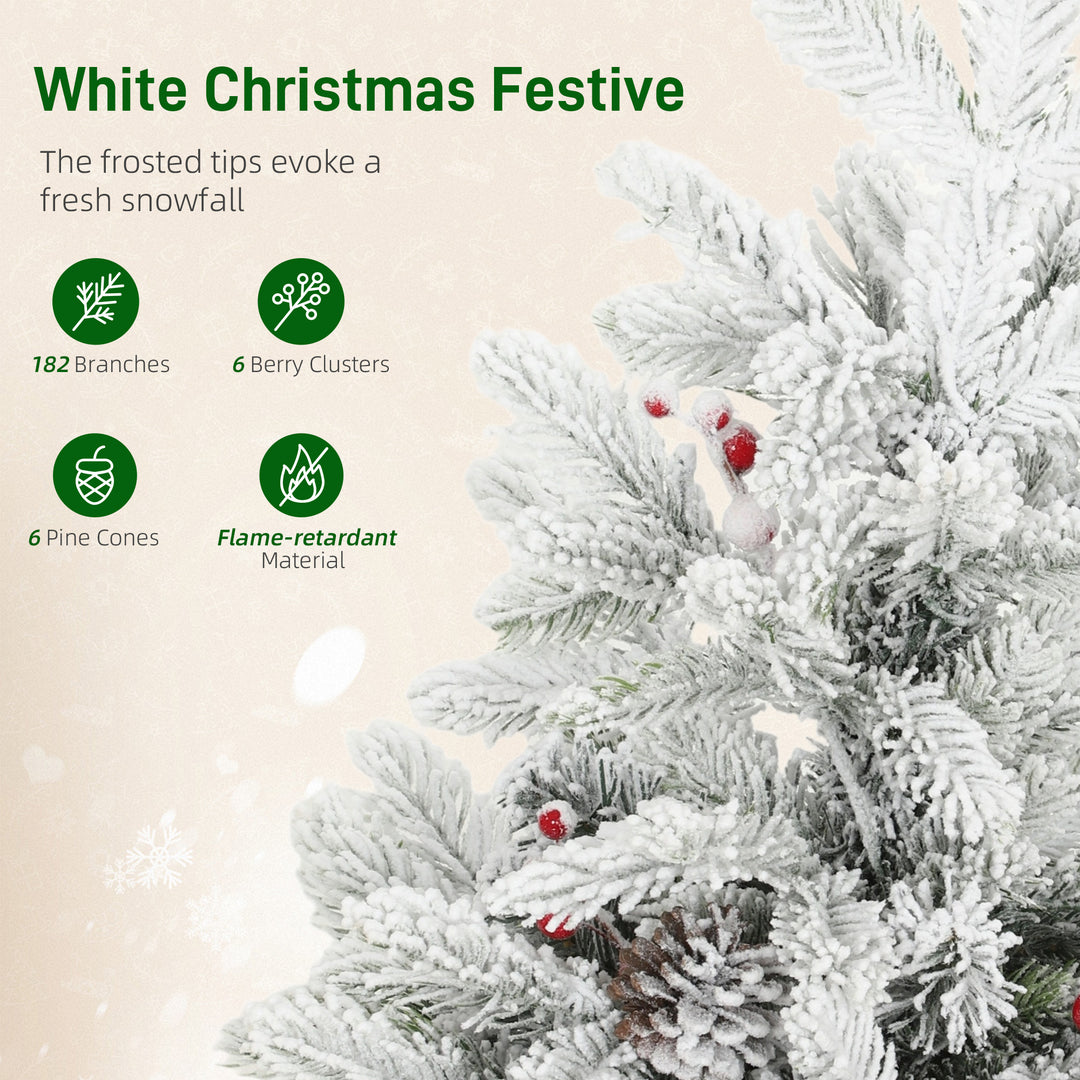 MCL 60 cm Prelit Small Christmas Tree with 35 LED Lights, Snow Flocked Tabletop Mini Xmas Tree with Pine Cones, Berry Clusters and Linen Cover Base, Battery Operated, Green