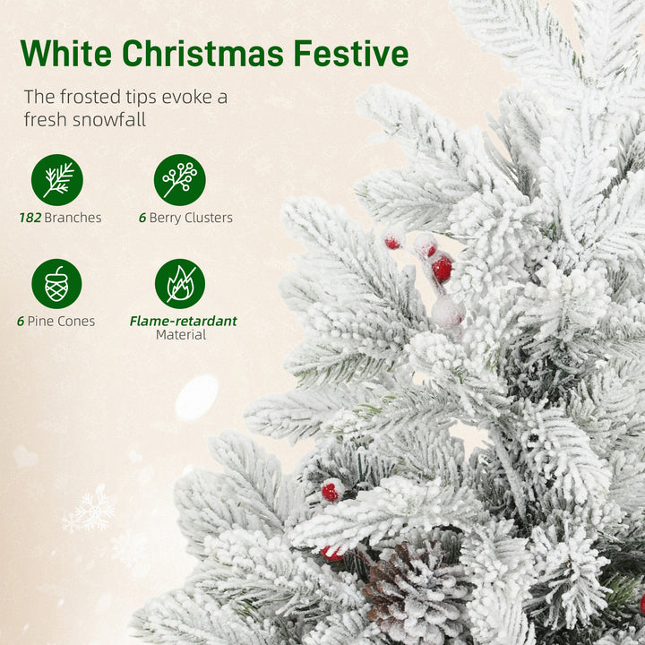 MCL 60 cm Prelit Small Christmas Tree with 35 LED Lights, Snow Flocked Tabletop Mini Xmas Tree with Pine Cones, Berry Clusters and Linen Cover Base, Battery Operated, Green