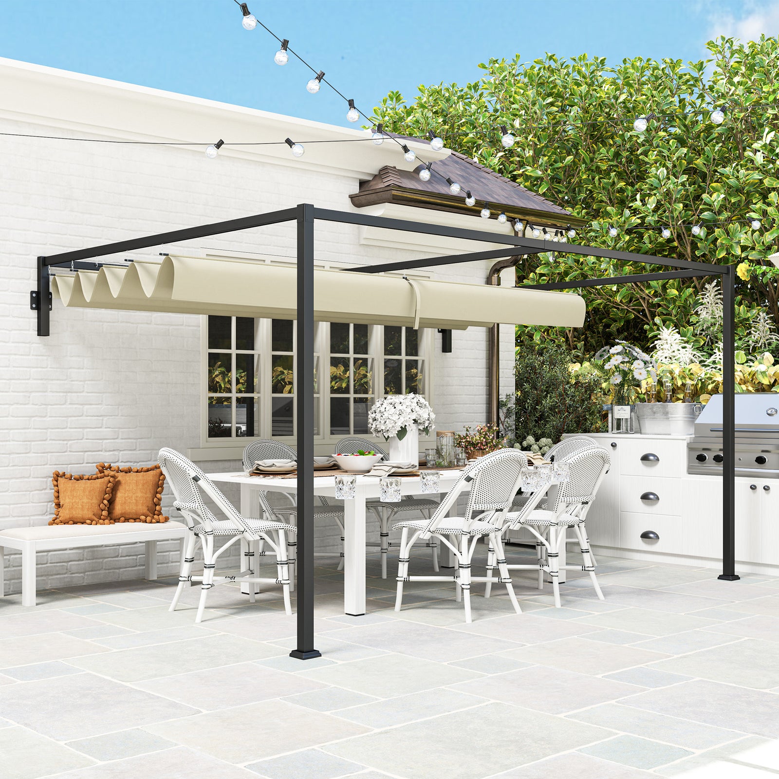 3 x 4m Steel Pergola, with Retractable Canopy - Khaki