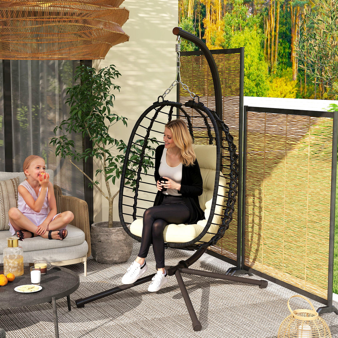 Rattan Hanging Egg Chair, Foldable Wicker Hammock Swing Chair with Cushion, Stand, Adjustable Height, Head Pillow, Steel Frame for Garden Patio Indoor Outdoor, Cream White