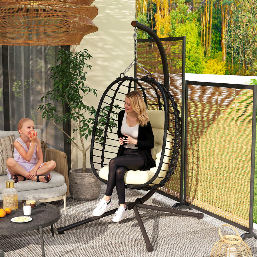 Rattan Hanging Egg Chair, Foldable Wicker Hammock Swing Chair with Cushion, Stand, Adjustable Height, Head Pillow, Steel Frame for Garden Patio Indoor Outdoor, Cream White