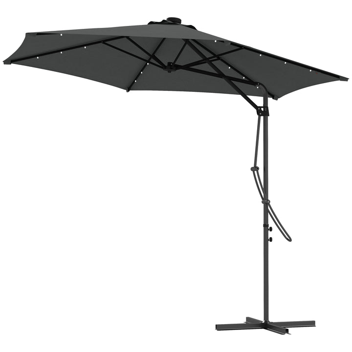 Outsunny 3(m) Garden Parasol Cantilever Umbrella with Solar LED, Cross Base and Waterproof Cover, Dark Grey